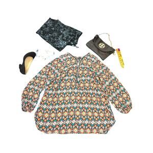 Zac & Rachel Woman Blouse 2X Boho Floral Zip Neck Long Sleeve Tunic Top